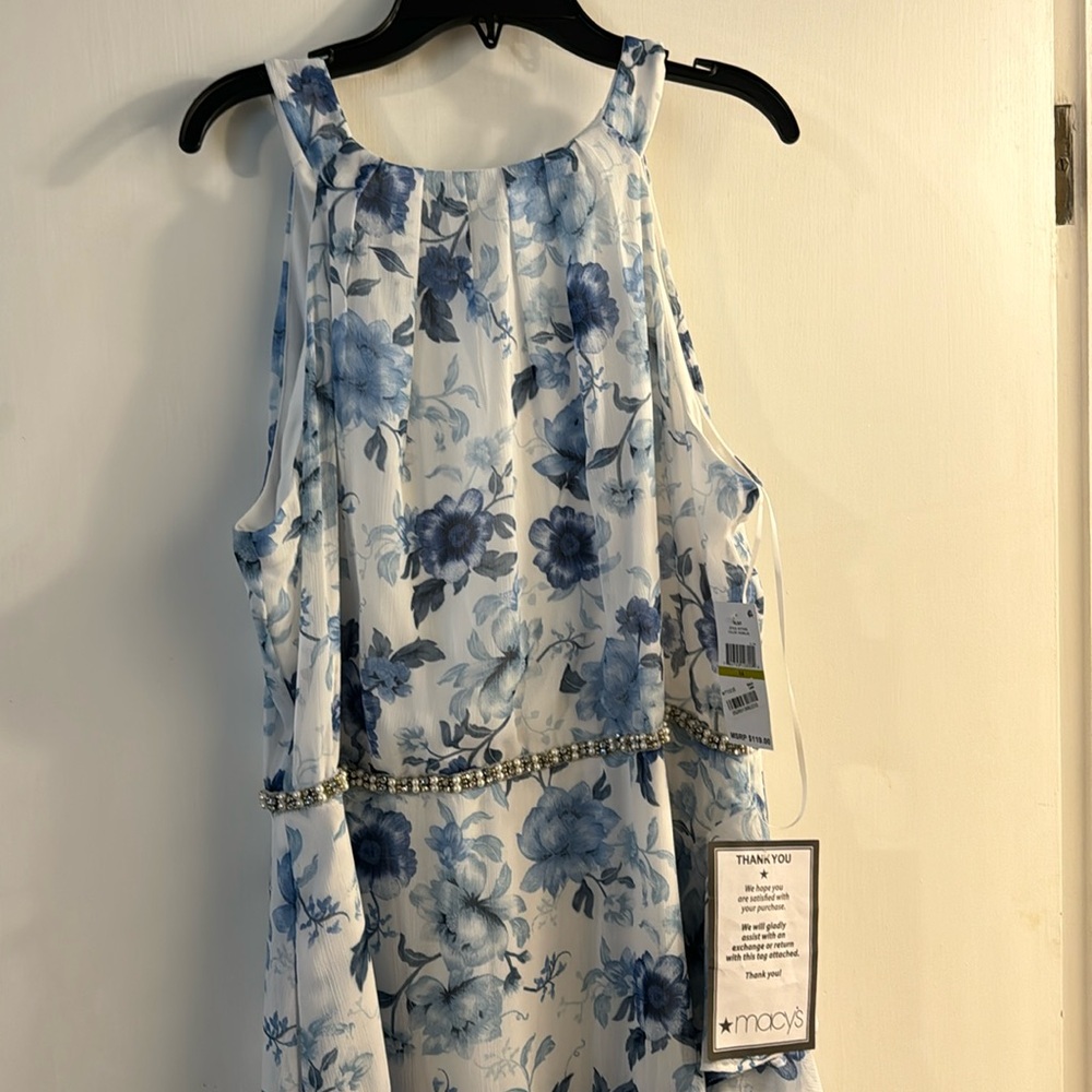 NWT SLNY IVORY BLUE RUFFLED FLORAL MAXI DRESS SIZE 14